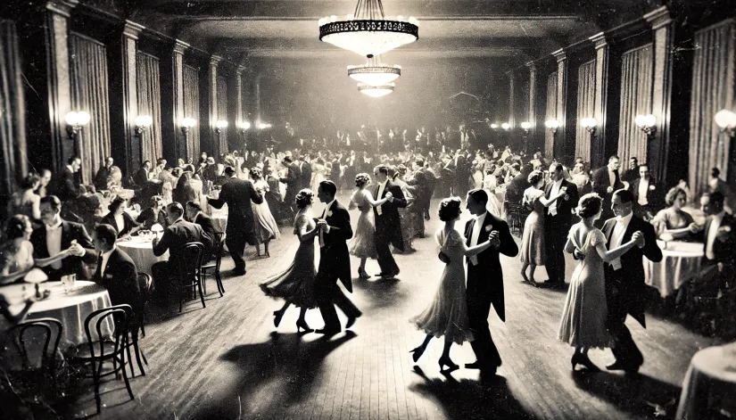 Black-and-white image capturing a lively dance scene from the 1930s, reminiscent of the Willowbrook Ballroom's heyday.