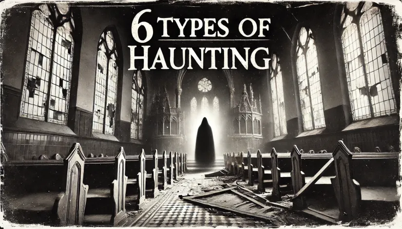 A grainy black-and-white image of a decrepit church with a shadowy figure at the altar, featuring the text '6 Types of Haunting.'