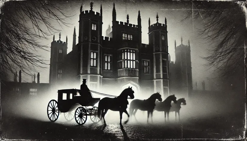 Black-and-white image of a spectral carriage arriving at Blickling Hall, drawn by ghostly headless horses