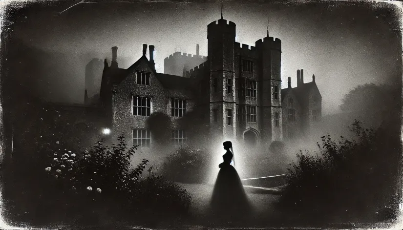 Black-and-white image of Hever Castle at night with the ghostly figure of Anne Boleyn in the garden