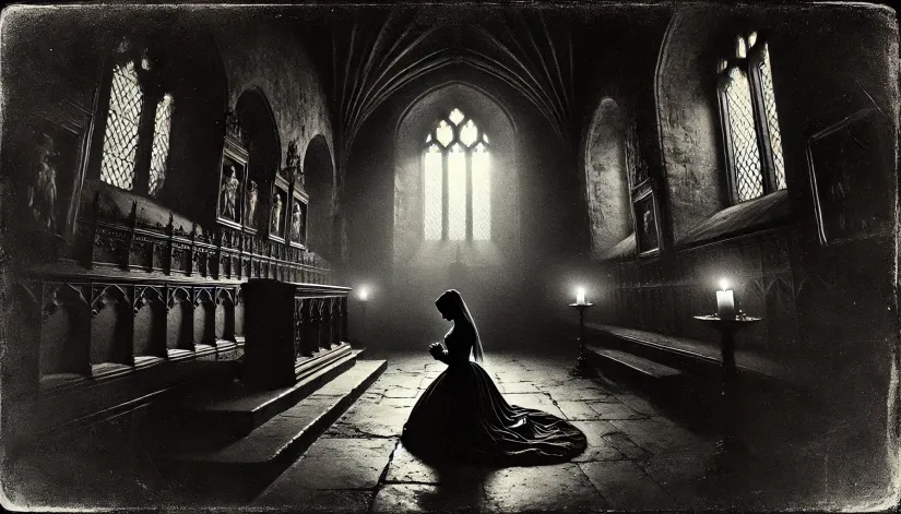 Black-and-white image of Anne Boleyn’s ghost kneeling in prayer in the Chapel of St. Peter ad Vincula