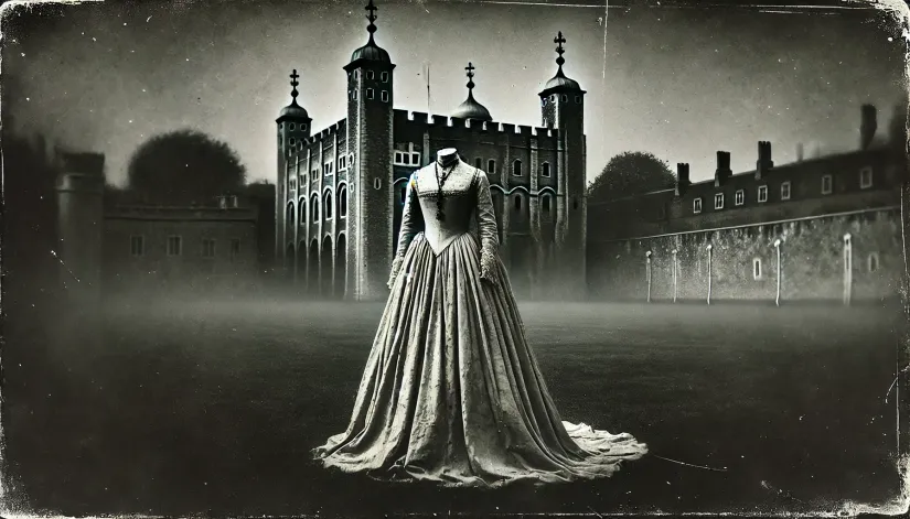 Black-and-white image of Anne Boleyn's ghost haunting the Tower Green at the Tower of London