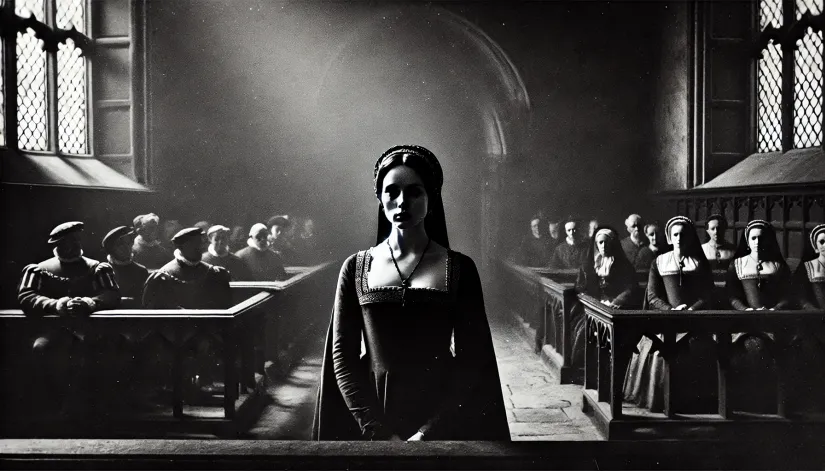 Black-and-white image of Anne Boleyn on trial in a shadowy medieval courtroom