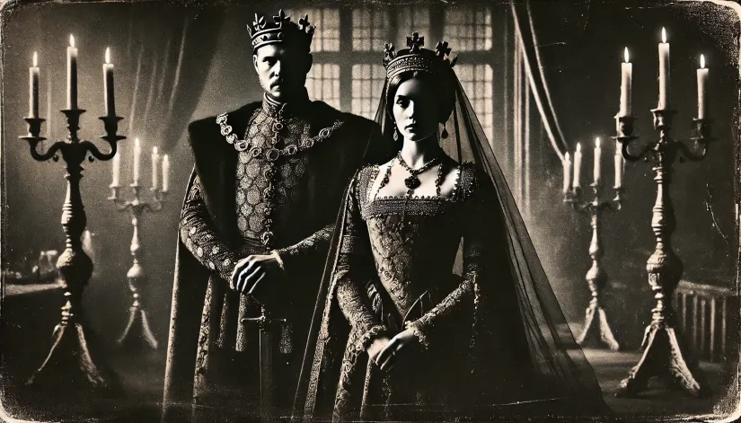 Black-and-white image of Anne Boleyn standing beside Henry VIII in a dark, shadowy throne room