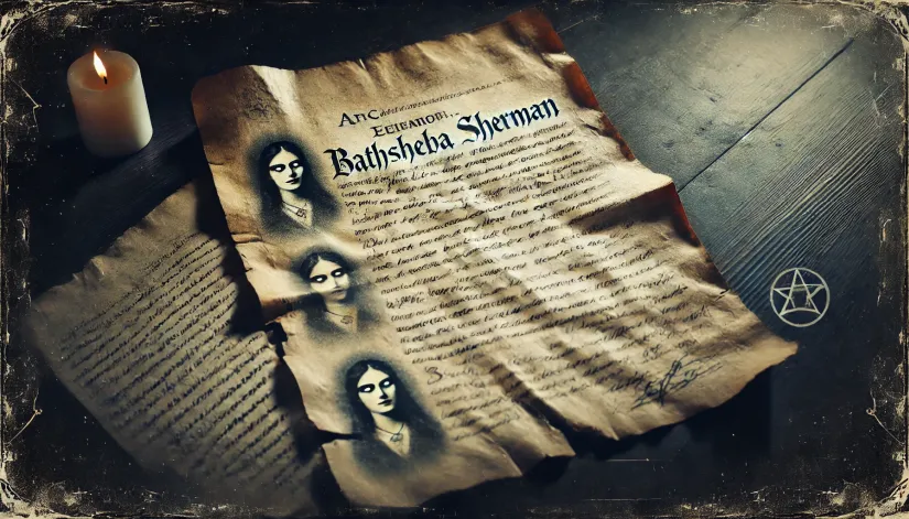 Grainy image of a parchment with faded ink, possibly linking Bathsheba to witchcraft accusations.
