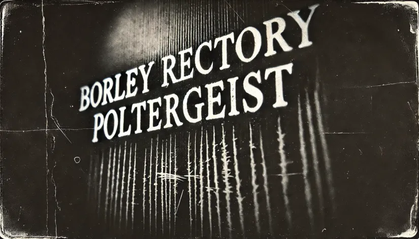 Text 'Borley Rectory Poltergeist' over an image showing eerie scratch marks on a wall.