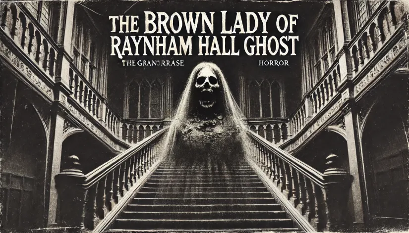 Grainy black-and-white image of the Brown Lady ghost with hollow eyes on the grand staircase of Raynham Hall.