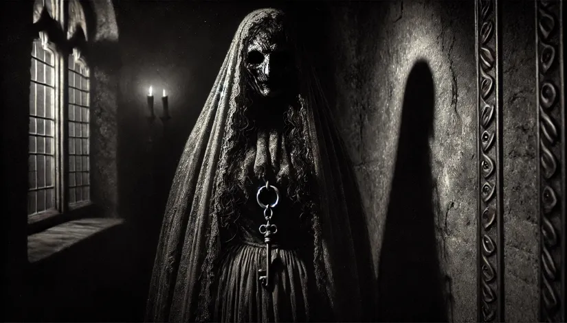 The ghostly figure of Countess Kunigunde with a small, rusted keyring in a dimly lit corridor of Hohenzollern Castle.