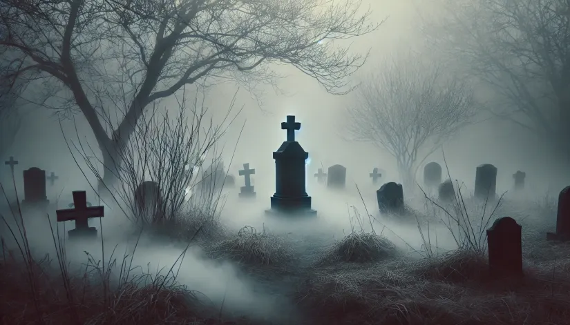 A foggy cemetery with a single gravestone surrounded by a mysterious cold mist.