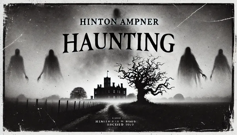 Text "Hinton Ampner Haunting" in a desolate foggy field scene with ghostly shapes emerging from the mist.