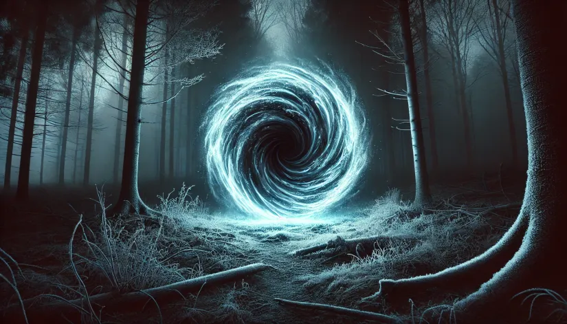 A swirling blue vortex in a dark forest surrounded by frost.