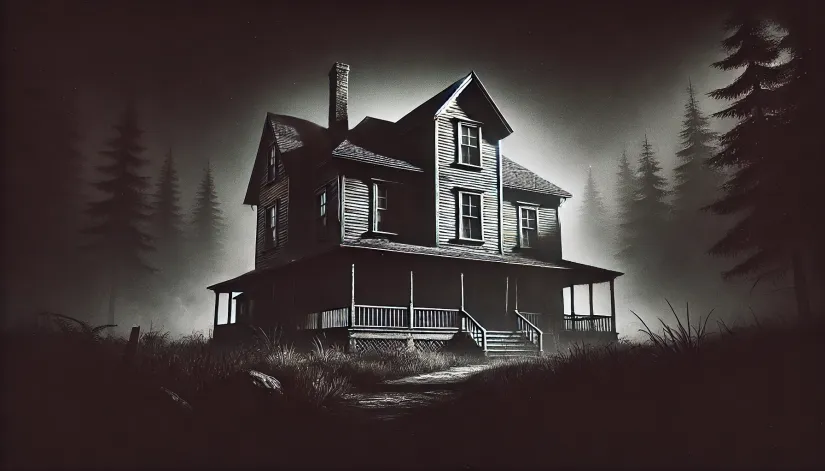 Black-and-white image of a dilapidated 19th-century farmhouse with a foreboding atmosphere, surrounded by a dark forest.