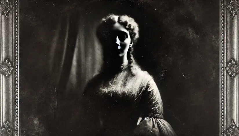 Grainy, black-and-white portrait of Lady Dorothy Walpole in an old-fashioned gown, her face partially obscured in shadow.