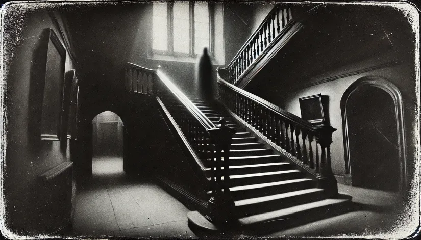 Grainy black-and-white view of Raynham Hall’s staircase with faint shadowy figure descending.