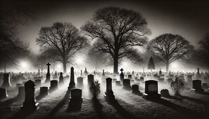 Black-and-white image of Resurrection Cemetery with eerie fog at night in Justice, Illinois.