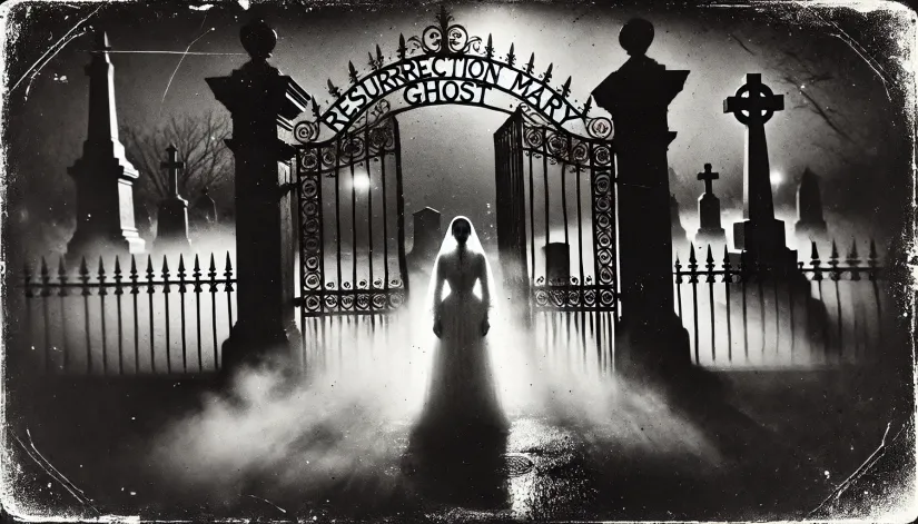 Grainy, black-and-white image of Resurrection Mary’s ghost by the wrought iron cemetery gates at night, with fog adding to the eerie scene.