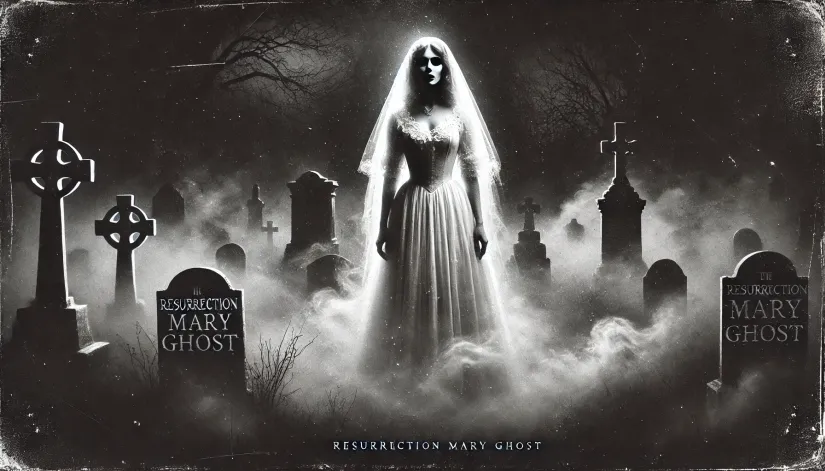 Black-and-white image of the ghostly figure of Resurrection Mary standing in a foggy cemetery at night with eerie mist and shadows.