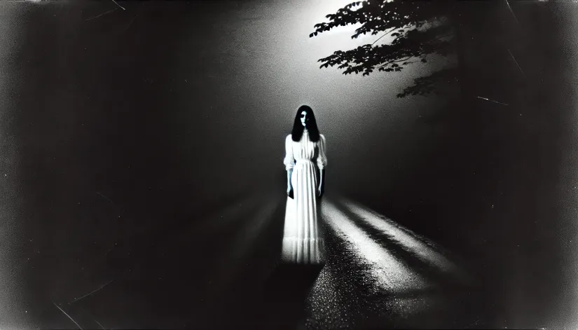 Dark, grainy image of a faint, ghostly female figure in a white dress appearing on a deserted road at night.