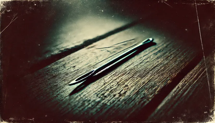Grainy close-up of a needle lying on a dark surface, a potential symbol of witchcraft accusations.