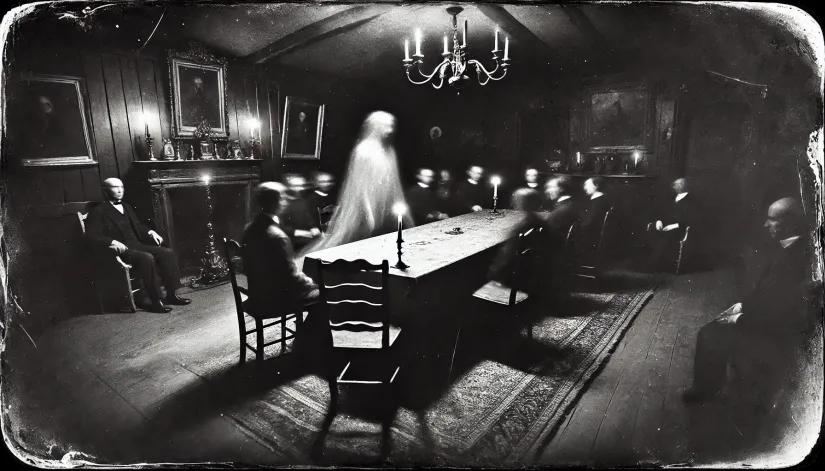 Grainy black-and-white image of a dimly lit séance room with a faint, ghostly figure appearing near the table.