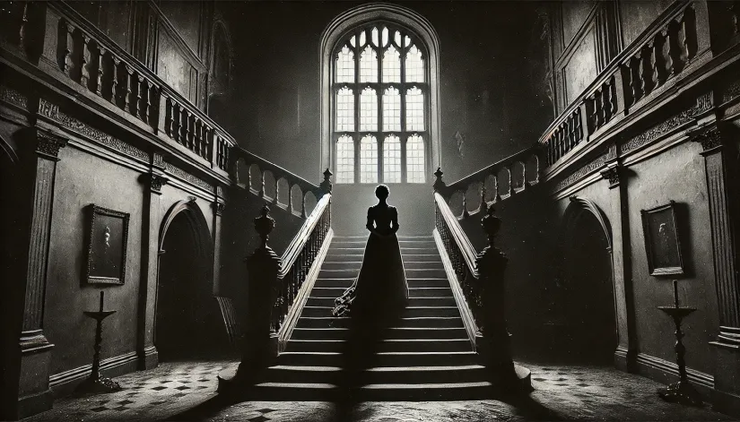 Haunting silhouette of the Brown Lady ghost on Raynham Hall’s grand staircase in eerie black and white.