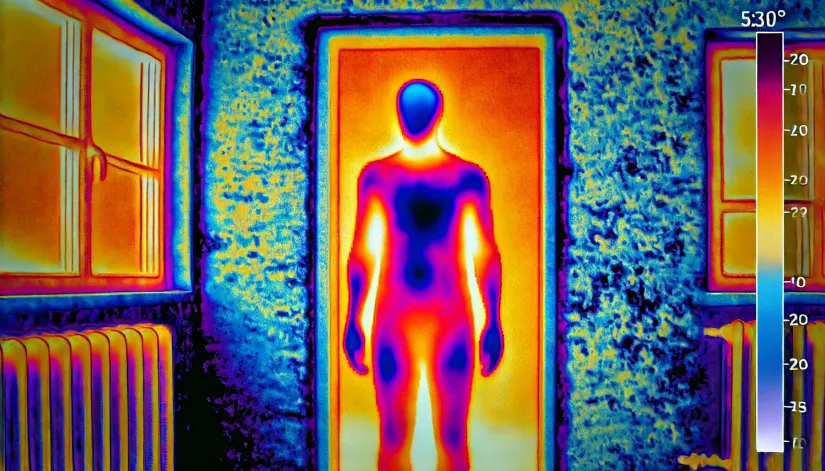 A thermal camera view showing a human figure surrounded by an unexplained cold spot.