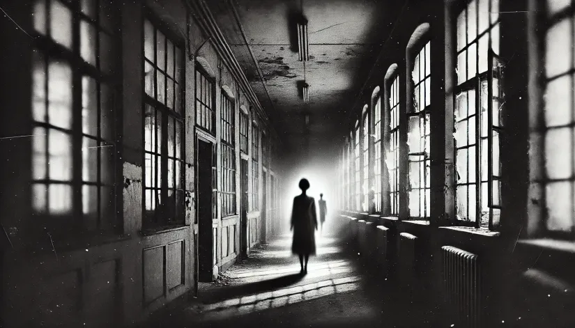 Ghostly nurse walking through a dimly lit abandoned asylum corridor, representing a residual haunting.