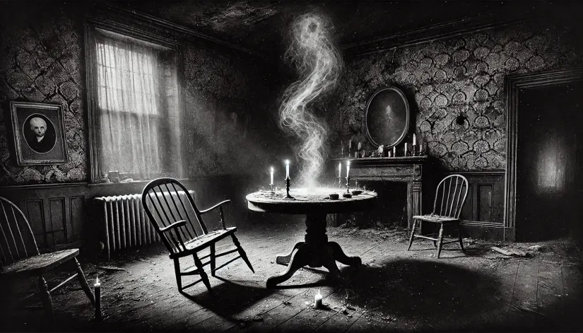 An abandoned séance room with overturned furniture, scattered candles, and faint ectoplasm traces in a shadowy, decayed setting.