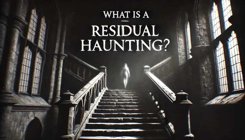 Grainy black-and-white scene of an ancient stone staircase in a dark castle with the text “What is a Residual Haunting?” prominently displayed.