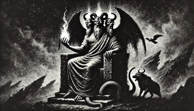 Balaam as a demon king with three heads and blazing eyes seated on a dark stone throne with a serpent tail, bear, and hawk.