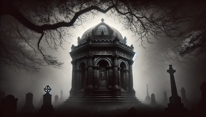 The Black Mausoleum in Greyfriars Kirkyard, shrouded in mist with ghostly shadows and twisted branches overhead.