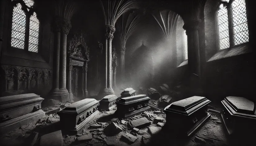 Interior of the Black Mausoleum in Greyfriars Kirkyard, with broken coffins and eerie shadows adding to its haunted aura.