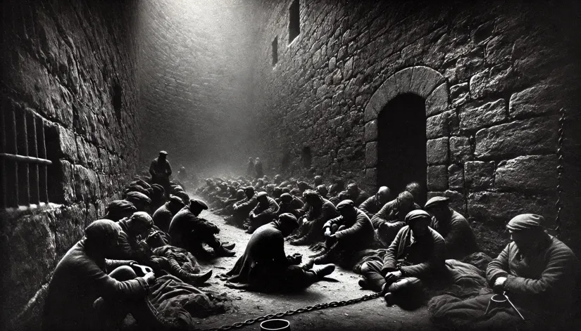 Shackled prisoners in the Covenanters’ Prison during Sir George Mackenzie’s rule, surrounded by oppressive stone walls.