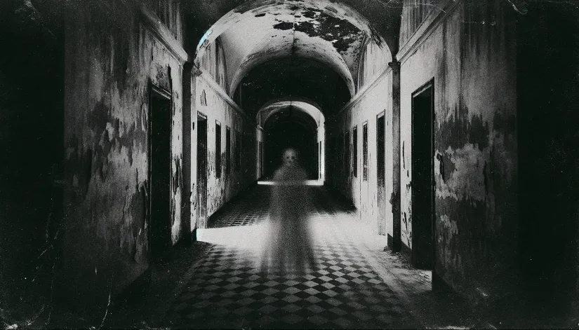 A grainy black-and-white image of a deteriorating hallway with a faint ghostly figure, symbolizing energy decay