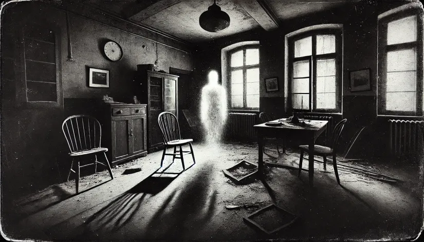 A grainy black-and-white image of a dimly lit abandoned room with a faint ghostly figure.