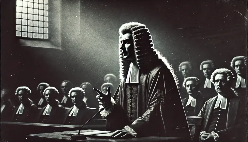 Sir George Mackenzie in a 17th-century courtroom, delivering an argument under faint dramatic light.