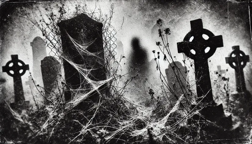 A black-and-white image of an overgrown cemetery with a faint ghostly silhouette in the mist.