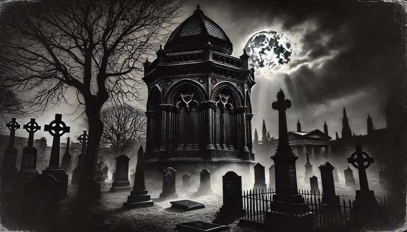 A haunting view of Greyfriars Kirkyard with the Black Mausoleum under moonlight, evoking its eerie haunted reputation.