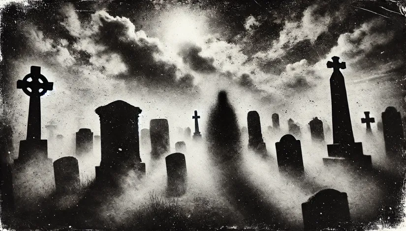 Ghostly shadows drifting among gravestones in a desolate cemetery, reflecting a residual haunting.