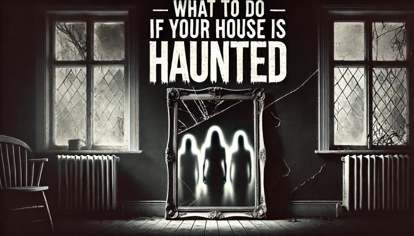 A cracked mirror in a shadowy room reflecting ghostly silhouettes, with the text 'What to Do If Your House Is Haunted' prominently displayed.