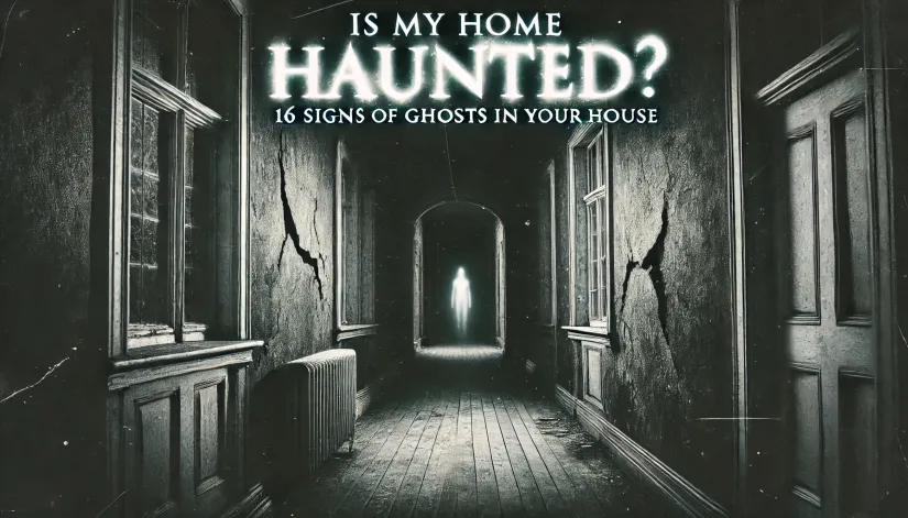 Black-and-white image of an eerie, cracked hallway with ghostly figures and glowing text reading 'Is My Home Haunted? 16 Signs of Ghosts in Your House.'