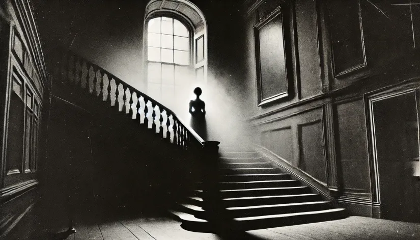 Eerie grand staircase with a faint ghostly figure in 18th-century attire.