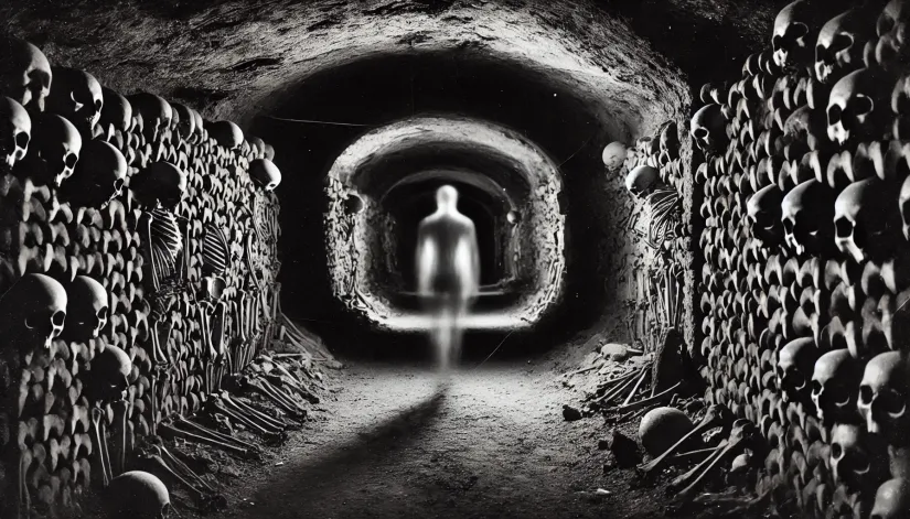 Ghostly figure wandering the dark tunnels of the Paris Catacombs, symbolizing a residual haunting.