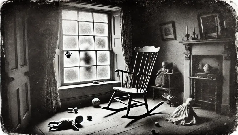 Georgian-era nursery with a moving rocking chair, scattered toys, and a frosted handprint.