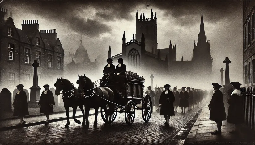 Sir George Mackenzie’s funeral procession in 1691, with a horse-drawn hearse and mourners heading toward Greyfriars Kirkyard.