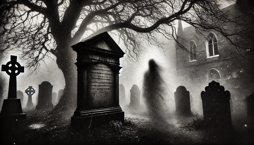 A faint spectral figure near a weathered gravestone in Greyfriars Kirkyard, surrounded by mist and ancient trees.