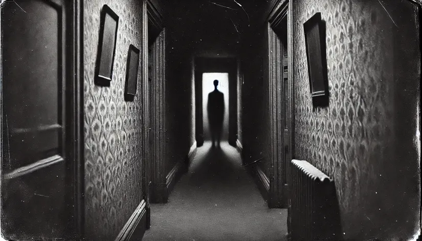 Dim hallway in a haunted Georgian mansion with a shadowy figure in the distance.