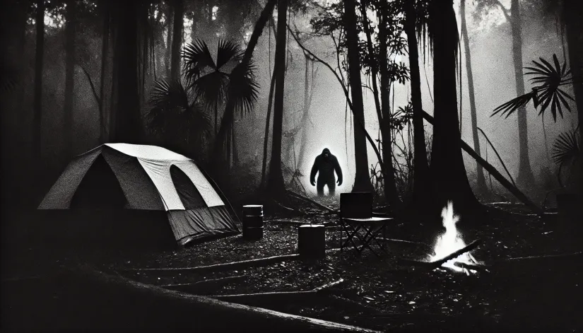 Grainy and dark depiction of a Skunk Ape lurking near a camp in Big Cypress National Preserve.