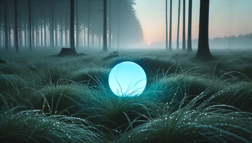 blue-ghost-orb-color-forest-dawn A small blue ghost orb glowing above dewy grass in a tranquil forest glade at dawn.
