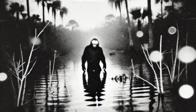 Grainy black-and-white image of a Skunk Ape sighting in the Everglades at night.